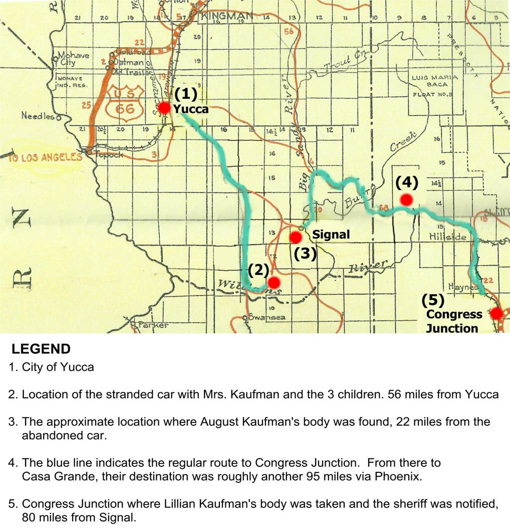 Insert 1. Kaufman family's route, map courtesy Mohave Museum of History and Arts, details courtesy Ellis Harvey.